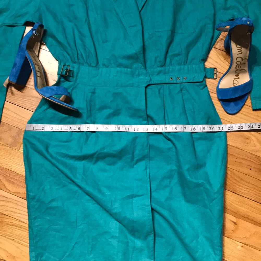 ✈️Nok Nok Vintage Ramie Teal Bodice wrap Overlay shirtdress Shift Sheath Pencil - Picture 12 of 16